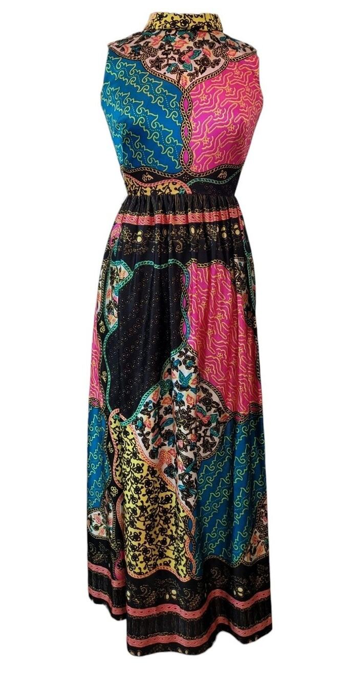 Vintage 1970s Rainbow Paisley Maxi Dress Boho EUC